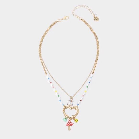 Betsey Johnson One Love Heart Charm Mushroom Smile Lips Necklace Rainbow - NWT - Picture 2 of 15